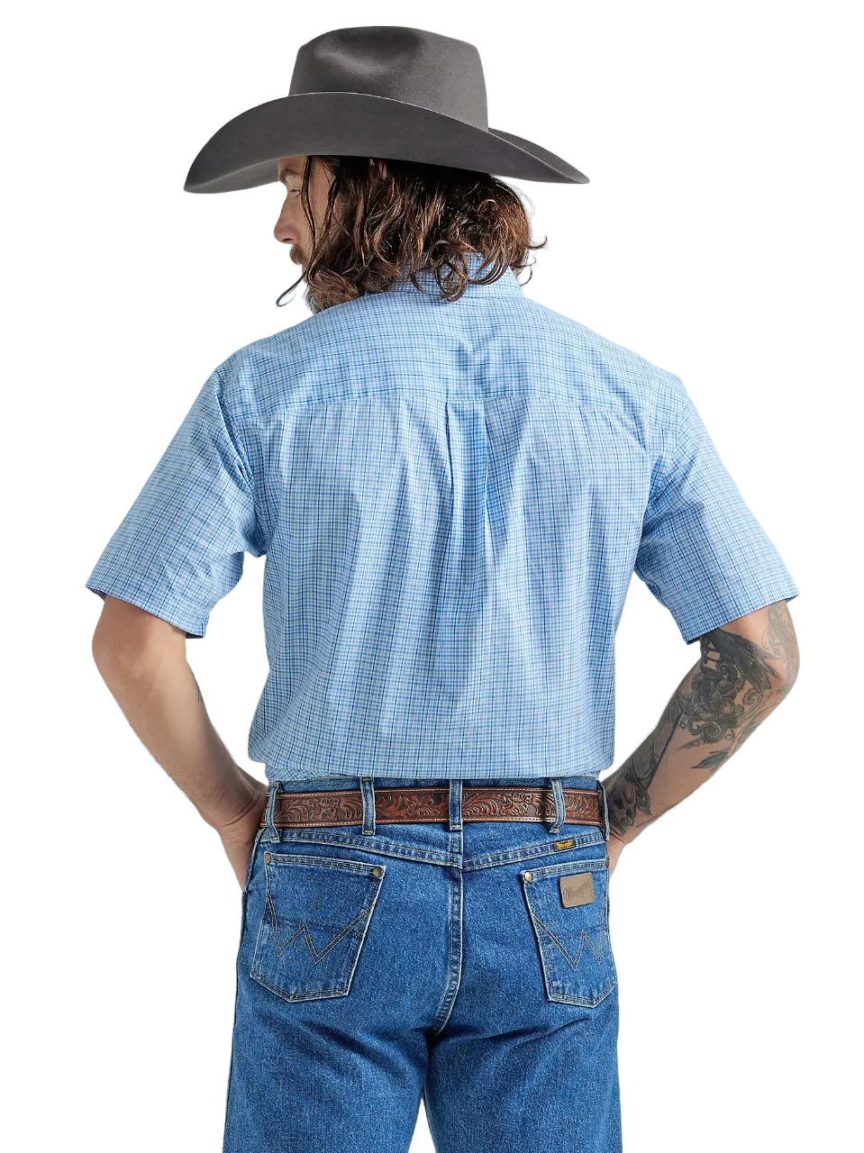 Wrangler Men's George Strait Short Sleeve Button Down Plaid Baby Blue Shirt
